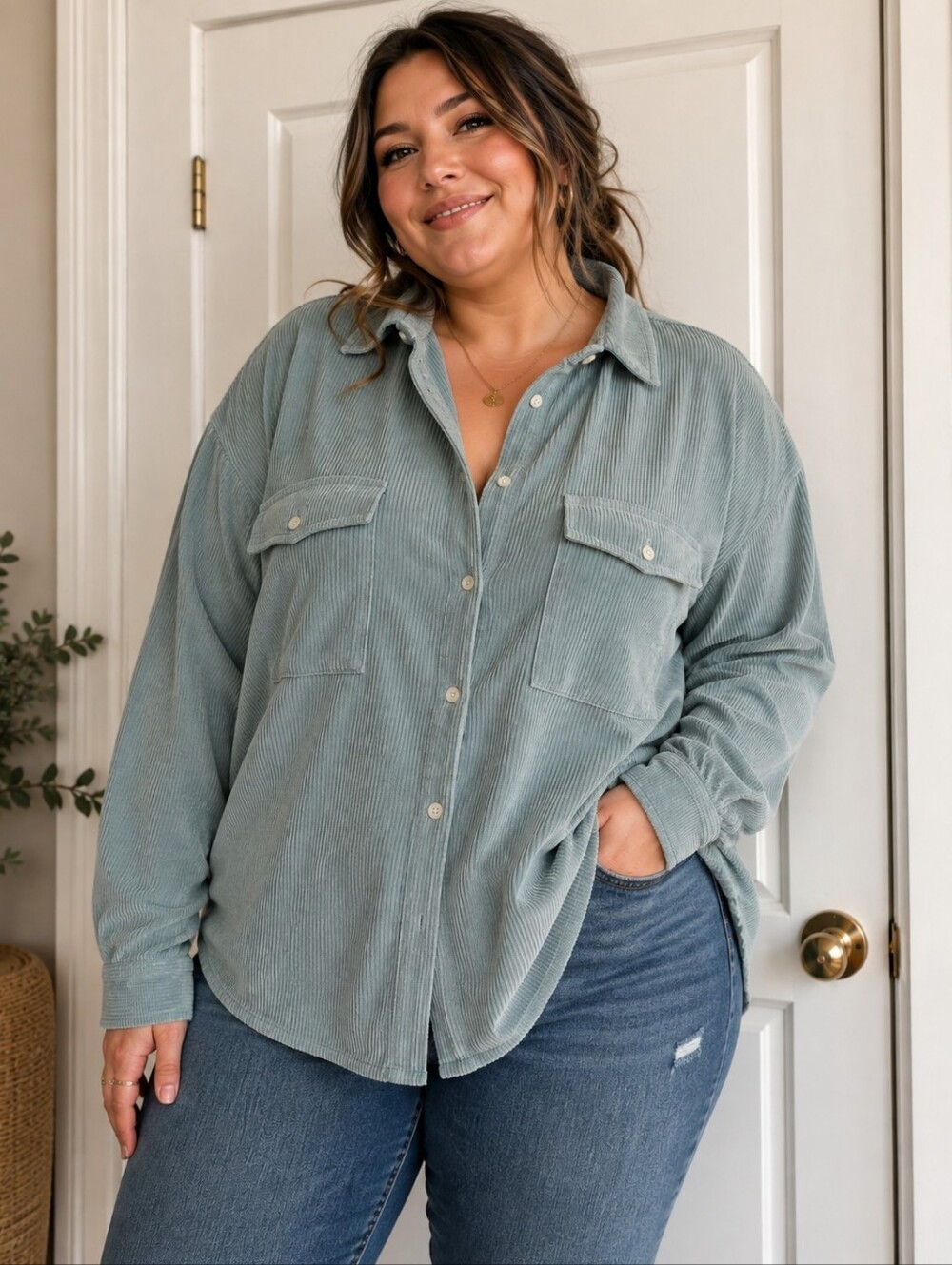 Plus Size Blue Button Front Shirt Womens 2XL Long Sleeve Collared Blouse Top